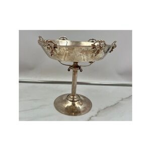Vintage Silver Plated Pedestal Bowl Ornate Tazza Centerpiece Dish with Handles